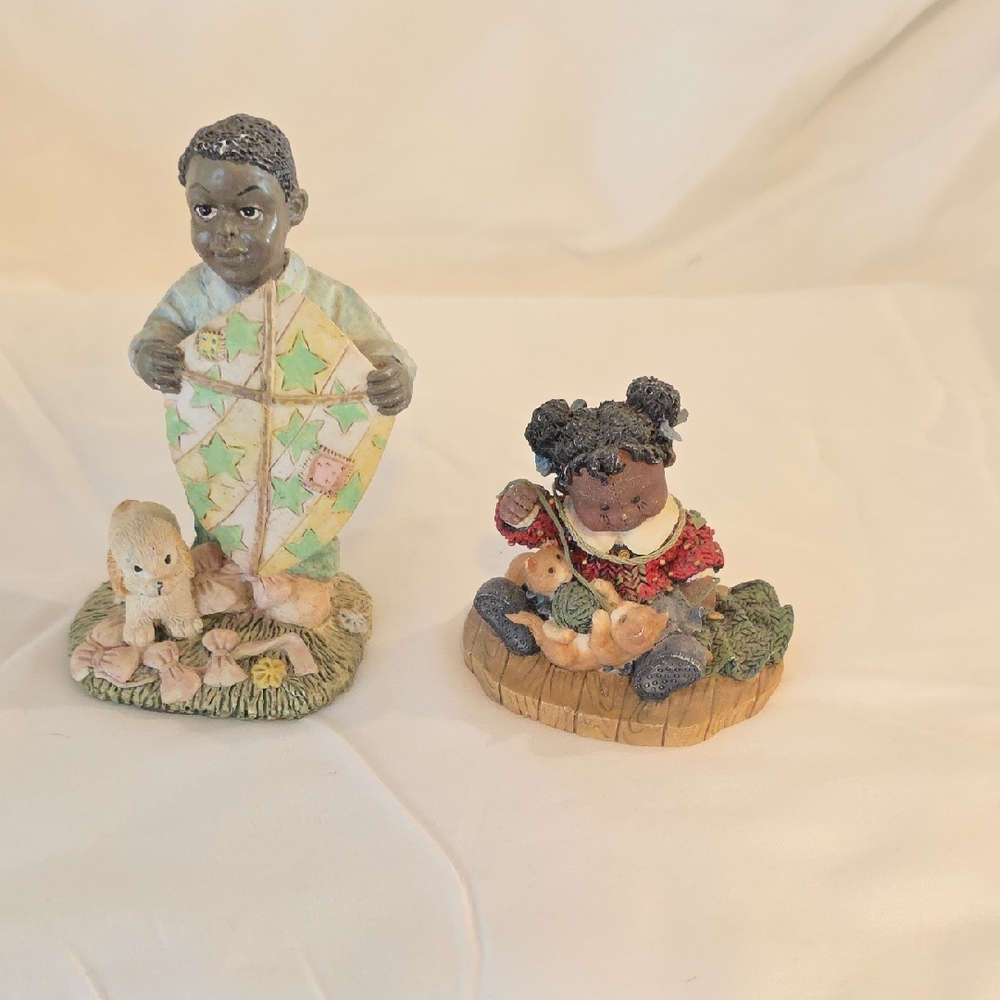 Whimsical Child Figurine Set with Kite and Teddy Bear